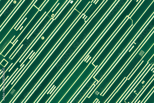 Diagonal yellow lines on green background. Seamless texture of electronic components, motherboard, textolite. Background, wallpaper, imprint on fabric. Generative AI
