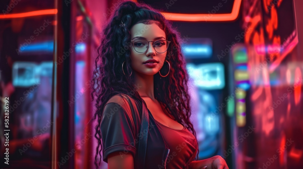 Smiling Woman with Black Curly Hair in Neon Cyberpunk Setting. Generative AI. Smiling Woman with Black Curly Hair in Neon Cyberpunk Setting. Generative AI.