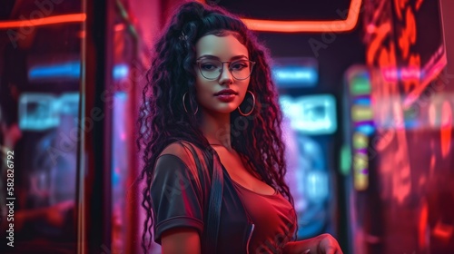 Smiling Woman with Black Curly Hair in Neon Cyberpunk Setting. Generative AI.