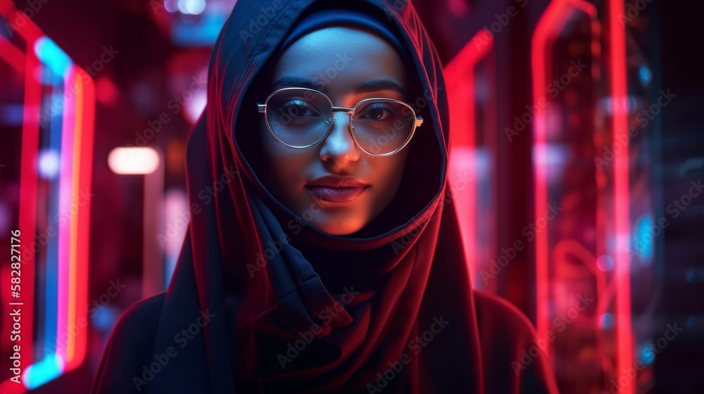 Smiling Muslim Woman in Hijab in Neon Cyberpunk Setting. Generative AI. Smiling Muslim Woman in Hijab in Neon Cyberpunk Setting. Generative AI.