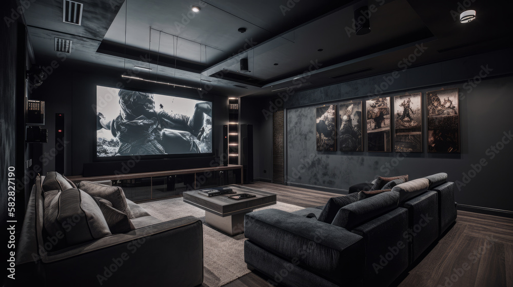 Ultramodern home theatre cinema room with projector screen in the ...