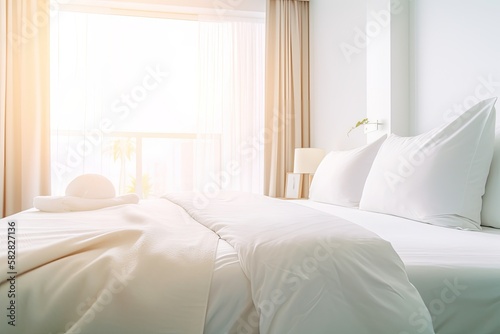 Hotel bedroom interior background with abstract blur. Generative AI