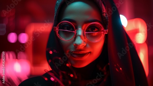 Smiling Muslim Woman in Hijab in Neon Cyberpunk Setting. Generative AI.