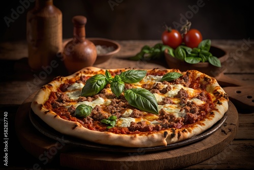 Italian food, delicious homemade pizza with mozzarella and cherry tomatoes ready to eat.