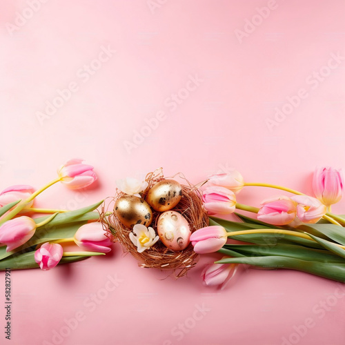 Gold And Pink Easter Eggs In Nest Next To Tulips With Pink Background