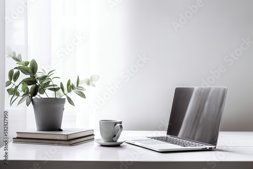 working with a laptop, Copy space with a background of hot coffee and a plant, company concept. Blank laptop screen on a table. Generative AI
