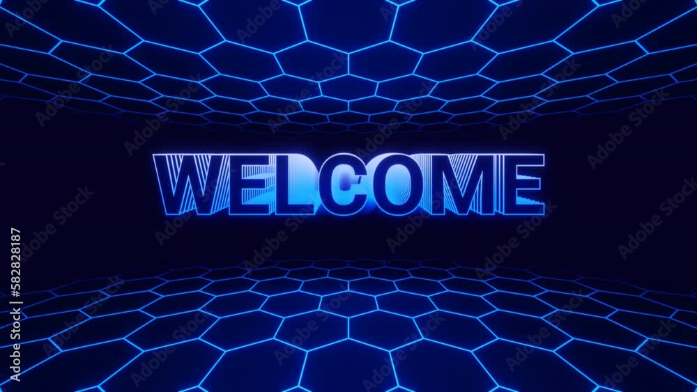 Blue neon welcome text in hexagon tunnel loop animation background