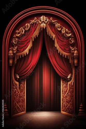 illustration,red curtain with arch entrance,generative ai