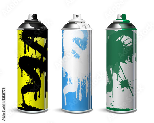 A set of used spray cans with multi-colored paint.