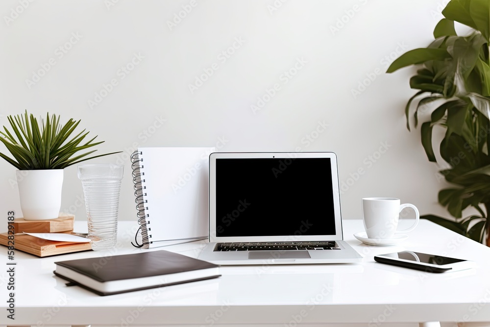 On a white table in a well lit living room are a book, a laptop with an empty screen, and a houseplant. Generative AI On a white table in a well lit living room are a book, a laptop with an empty screen, and a houseplant. Generative AI