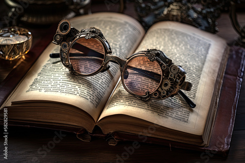 A pair of steampunk sunglasses with gears, cogs, and mechanisms resting on an old book in a Victorian library. Generative AI. photo