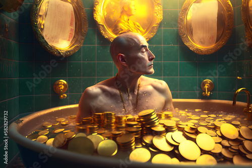 Fototapeta Rich businessman lying in bathtub filled with gold coins