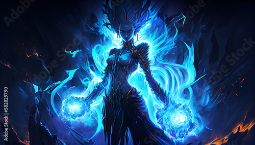 blue fiery, beautiful fantasy goddess with fireballs in anime style, portrait