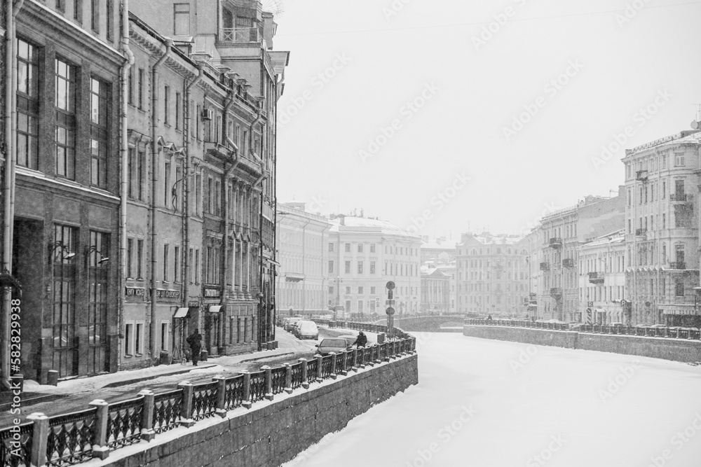 Snow-covered St. Petersburg and the canal