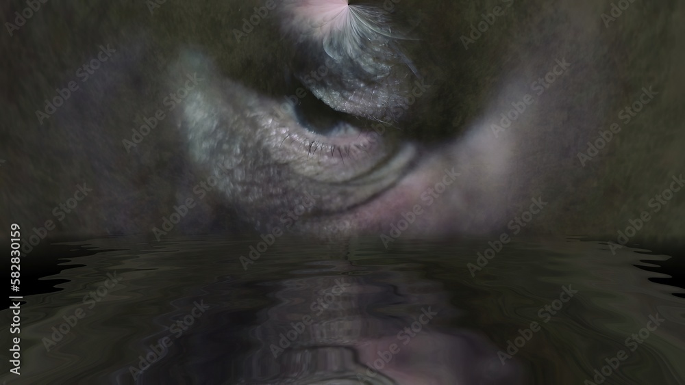 Fototapeta premium Scary eye on grunge background reflected in water