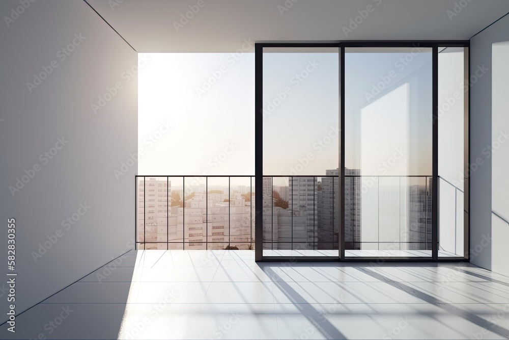 Two balcony positions, up and down. the white wall with a glass window. Generative AI Two balcony positions, up and down. the white wall with a glass window. Generative AI