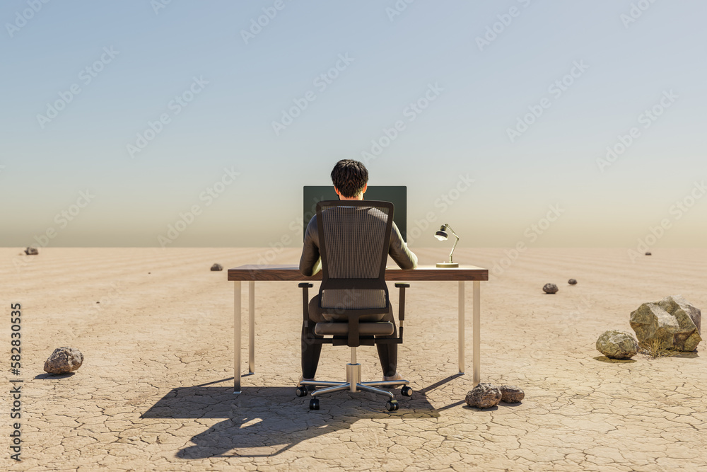 lonely businessman at pc work place in large desert environment; remote work and digital nomad and climate crisis concept; 3D illustration