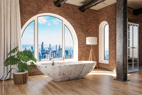 freestanding bath in lightflooded downtown loft apartment  minimalistic interior design  relaxation and spa concept  3D Illustration © Imillian