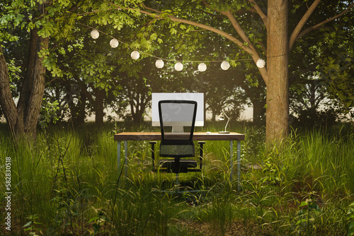 lonely pc workplace in dark foggy jungle forest under chain of lights; work and travel remote work and digital nomad concept; 3D illustration
