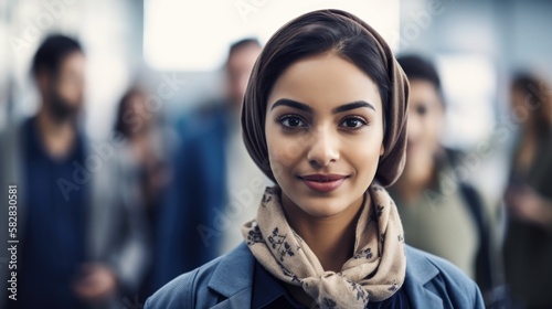 Attractive businesswoman woman posing at her work place with coworkers in the background. Generative AI	
 photo