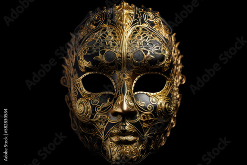 Beautiful Venetian mask engraved with golden ornaments on black background. Digitally generated AI image.