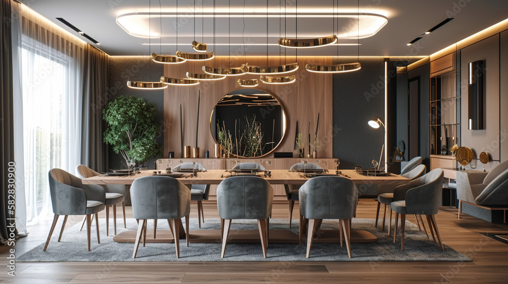 Fototapeta premium Comfortable and Stylish, A Luxury Dining Room with a Sophisticated Sleek Design, Generative AI