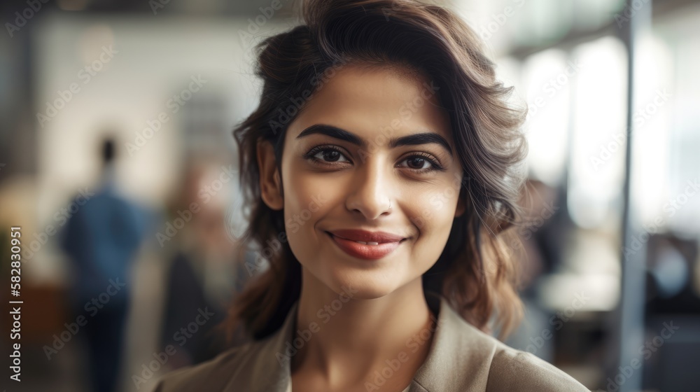 Attractive businesswoman woman posing at her work place with coworkers in the background. Generative AI	
