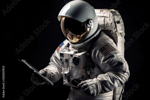 Work from anywhere concept of an astronaut working on the tablet in the spacesuit .generative ai