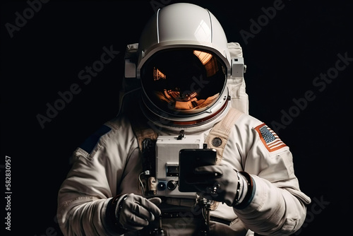 Man in astronaut suit with a smartphone.generative ai