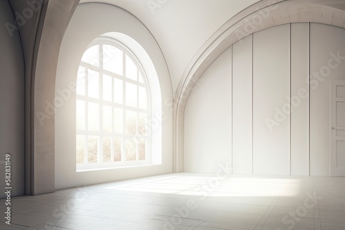 an empty room with an arched opening in the background. Generative AI