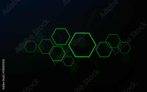 Layered green hexagon patterns, beehive honeycomb design on blurry dark green background. High resolution full frame abstract and modern background with copy space.