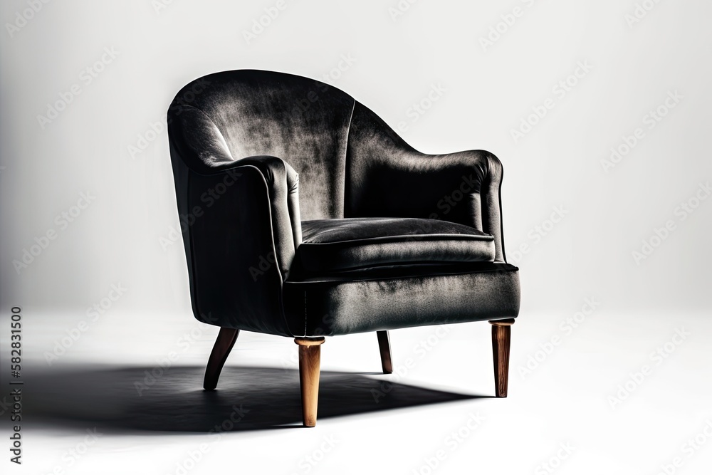 On a white background, a traditional art deco armchair with black velvet and wooden legs is shown. many furniture types. Generative AI On a white background, a traditional art deco armchair with black velvet and wooden legs is shown. many furniture types. Generative AI