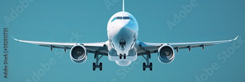 Closeup of airplane on blue background banner. Travel concept. Illustration AI