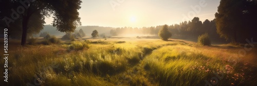 Beautiful dreamy grass field at sunset. Nature meadow landscape banner background. Illustration AI
