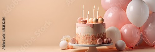 birthday cake with candles on soft orange background with copy space, generative ai illustration banner photo