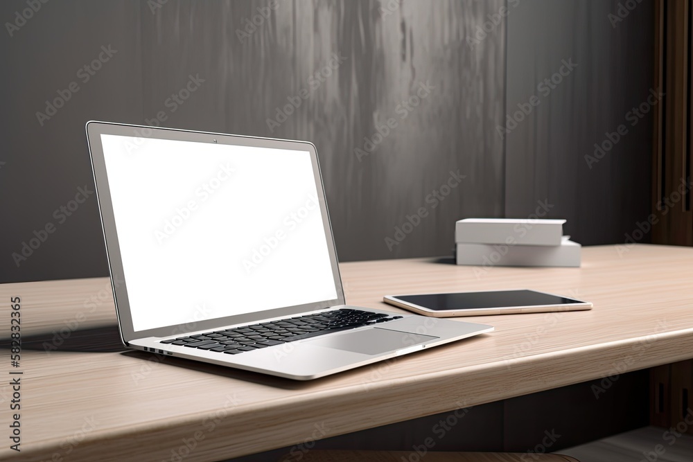 Fototapeta premium a mock laptop with a white, blank screen. a desk and a laptop with a white screen. Generative AI