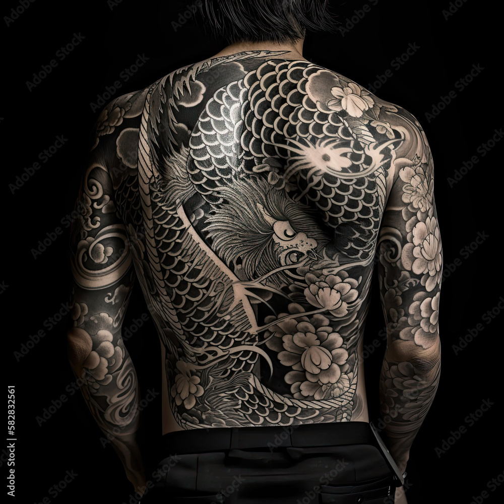 Traditional Japanese Yakuza tattoo with flowers and dragon