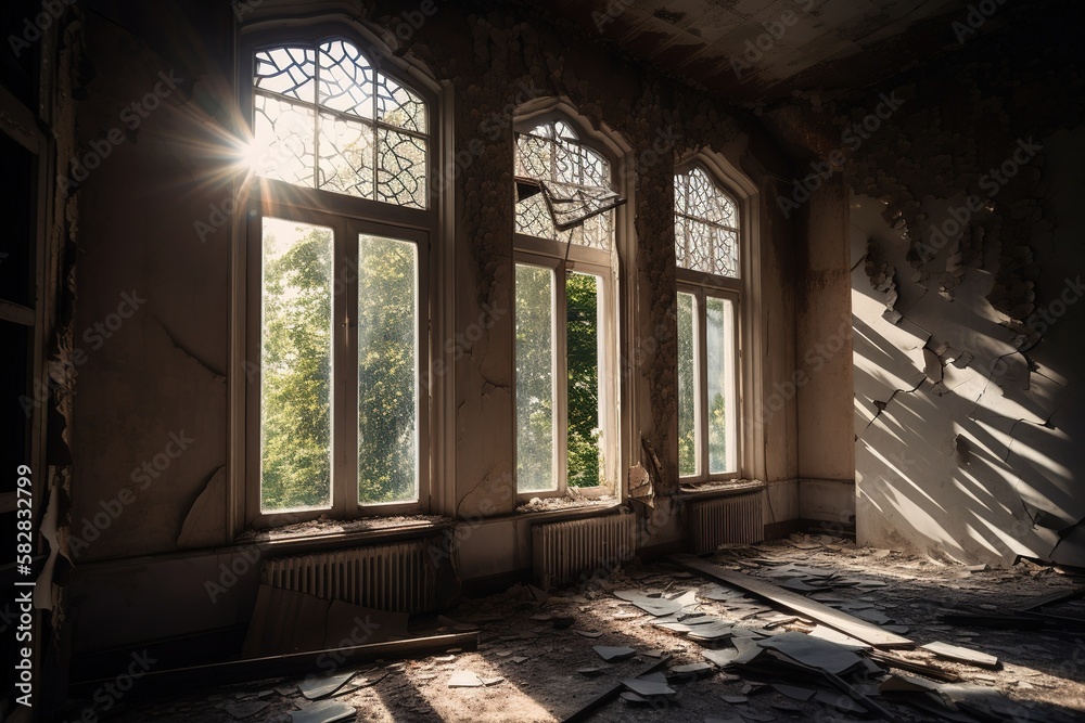 light enters the abandoned house through the broken windows light enters the abandoned house through the broken windows