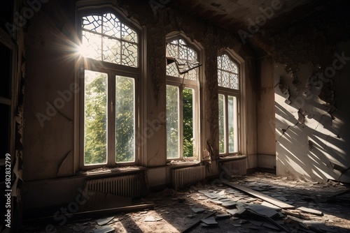 light enters the abandoned house through the broken windows
