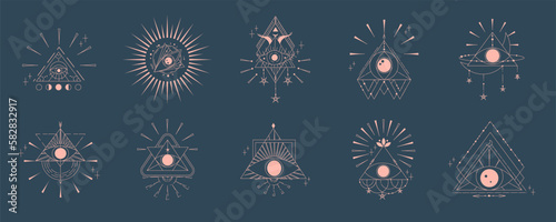 Esoteric pyramid set with eye isolated. Occult mystic triangle with sun and star. Geometric esoteric symbol. Vector illustration design drawn in lines. Mystic eye in triangle
