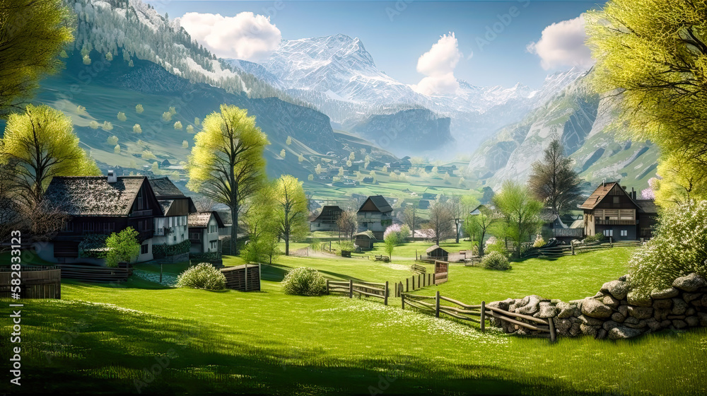 Ländliches Dorf Haus Landschaft in den Alpen in der Schweiz Österreich  Bayern Ruhe und Beschaulichkeit Generative AI Digital Art Wandbild  Hintergrund Cover Stock-Illustration | Adobe Stock
