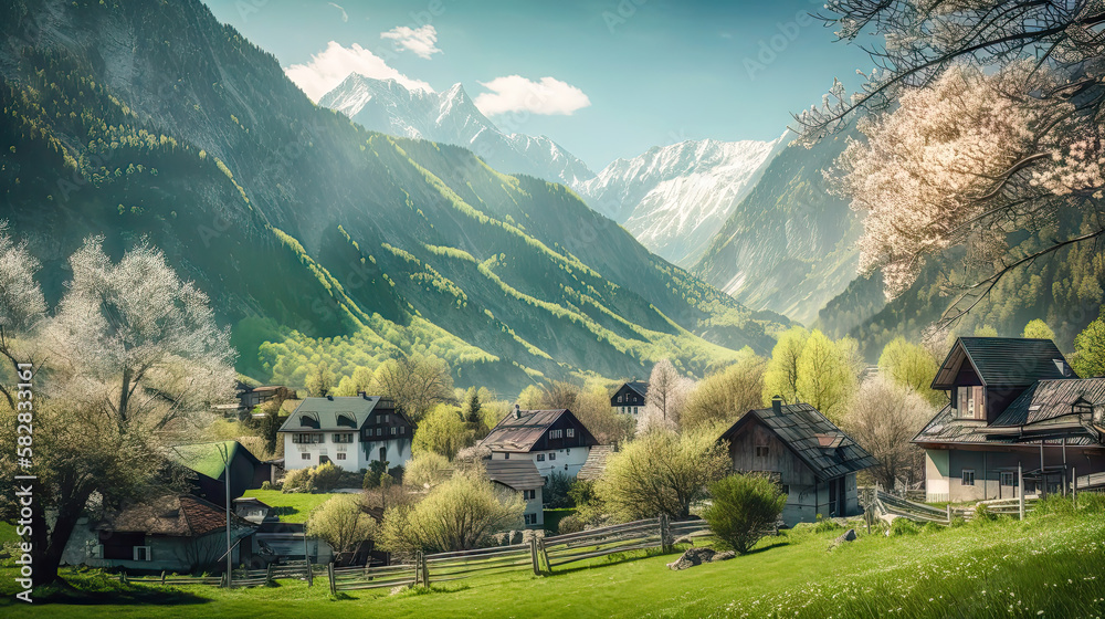 Ländliches Dorf Haus Landschaft in den Alpen in der Schweiz Österreich Bayern Ruhe und Beschaulichkeit Generative AI Digital Art Wandbild Hintergrund Cover