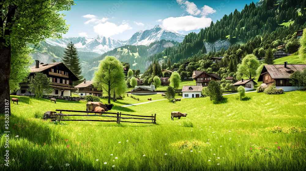 Ländliches Dorf Haus Landschaft in den Alpen in der Schweiz Österreich  Bayern Ruhe und Beschaulichkeit Generative AI Digital Art Wandbild  Hintergrund Cover Stock Illustration | Adobe Stock