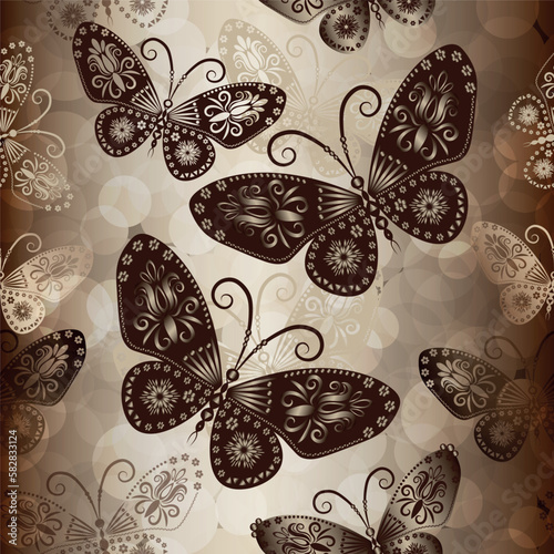 Vector seamless pattern with shiny brown openwork butterflies on bokeh background