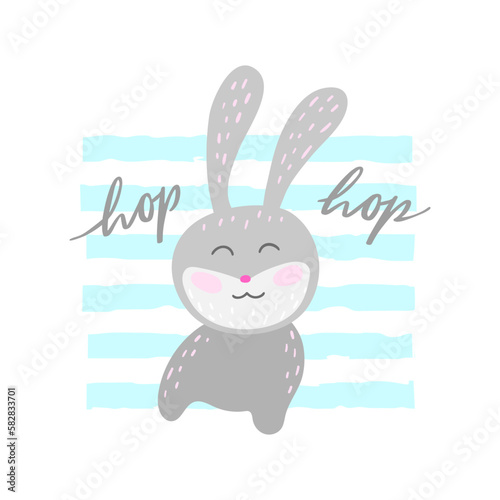 Solo print illustration with bunny and hand drawn lettering Hop hop. Funny pet for apparel, room decor, tee print design, poster and greeting card