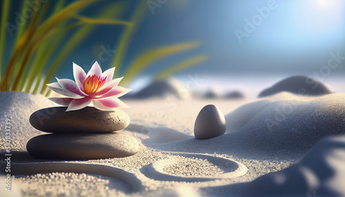 Balance and relaxation background, balancing pebbles in water with flower, Ai based