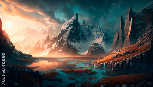 Stunning beautiful mountain scenery with open skies and surroundings. Fantasy and cinematic mountains