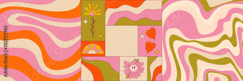 Trippy graphic poster set with retro groovy elements. Poster square with sun, heart and wave. Trippy groovy 70s graphic. Cartoon vector illutration