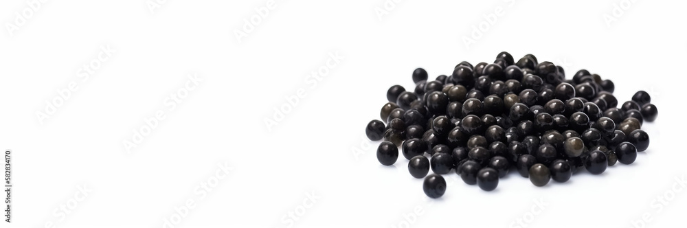 Black caviar in bulk on a white background. Elite exotic delicacy. AI generated. Header banner mockup with space. Black caviar in bulk on a white background. Elite exotic delicacy. AI generated. Header banner mockup with space.