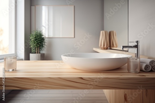 An empty wooden table  desk  or shelf with a blurred perspective of a modern home design concept s white bathroom  bathtub  and basins. Generative AI